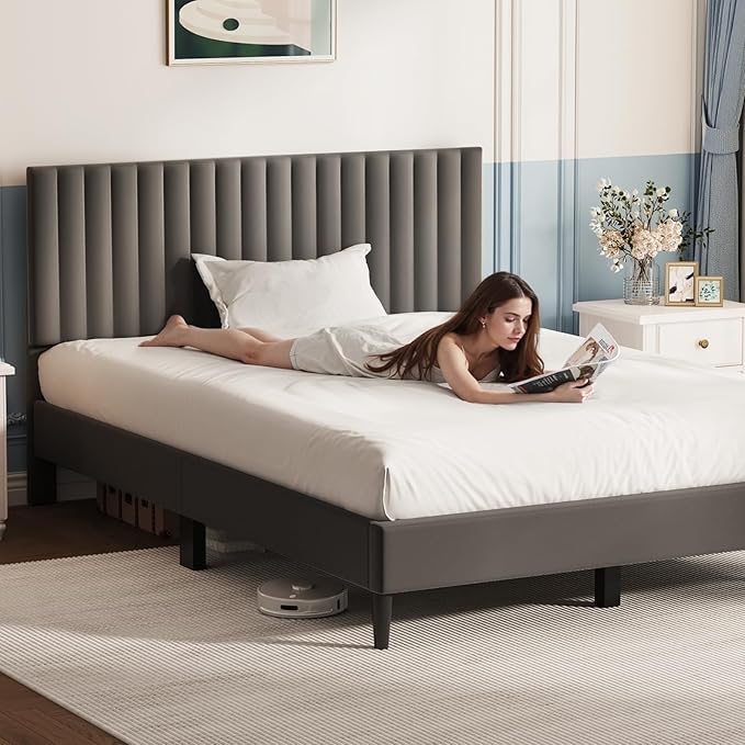 Casaottima Queen Bed Frame, Velvet Upholstered Platform Bed with Headboard, Strong Wooden Slats Support, Noise-Free Mattress Foundation, No Box Spring Needed, Easy Assembly,Vertical Stripe Smoky Grey