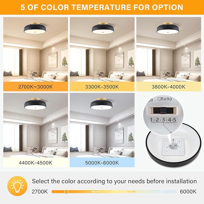 Dimmable LED Ceiling Light Fixture, 2700K-6000K 5CCT Modern Mid-Century Semi Flush Mount Ceiling Light, Black Close to Ceiling Lamp for Kitchen, Laundry Room, Bedroom, Hallway, 11.8in
