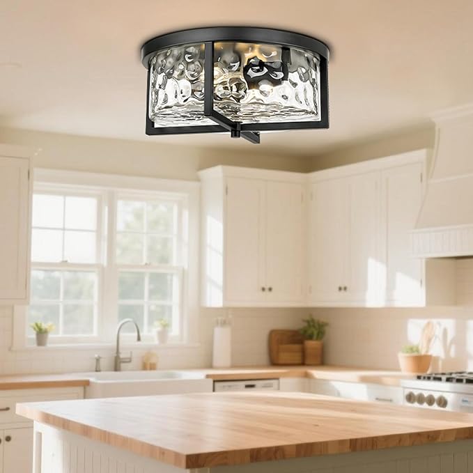 Modern Flush Mount Ceiling Light, 13" D 2-Light Industrial Close to Ceiling Lights, Hammered Glass Ceiling Light,Flush Ceiling Light for Hallway, Kitchen, Bathroom, Dining Room (Black,)