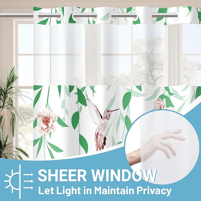 No Hook Shower Curtain with Snap in Liner - Fabric Waterproof Inner Liner, Plants Green Floral Pink Nature Birds Cloth Shower Curtains Washable, 71 x 74 Inch