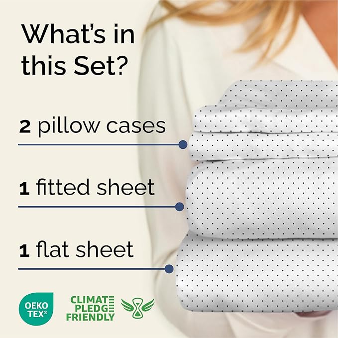 Black Polka Dots Bed Sheet Set – 1 Flat & 1 Fitted Sheet & 2 Pillowcases w/ Deep Pockets – Polka Dot Bedding - Wrinkle & Fade Free - Soft, Breathable and Cooling - Comfy, Luxury Bed Set - Queen Size