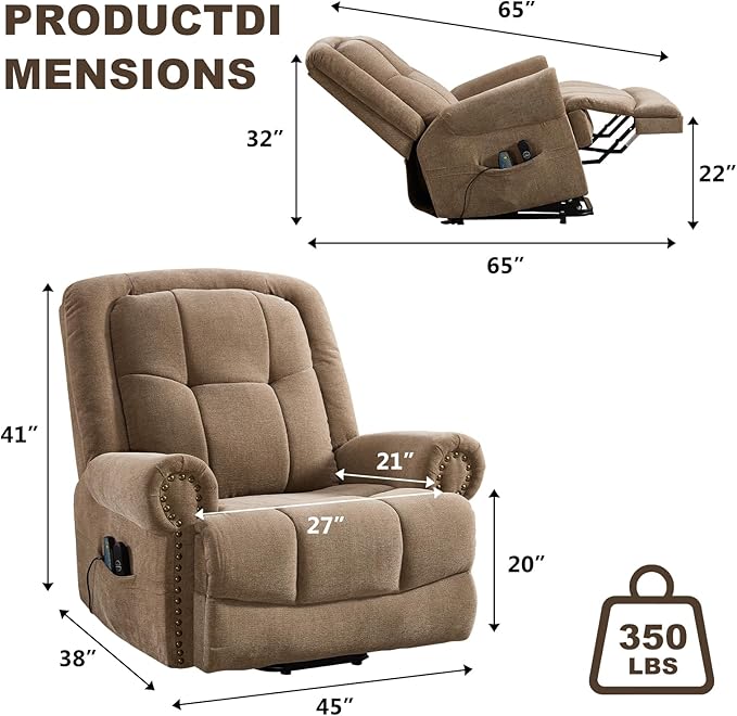 Oversize Power Lift Recliner with Massage and Heat for Adult, Reclining Chair for Living Room Bedroom, Ergonomic Electric Wider Chair with USB Port and Side Pocket(1, Brown)