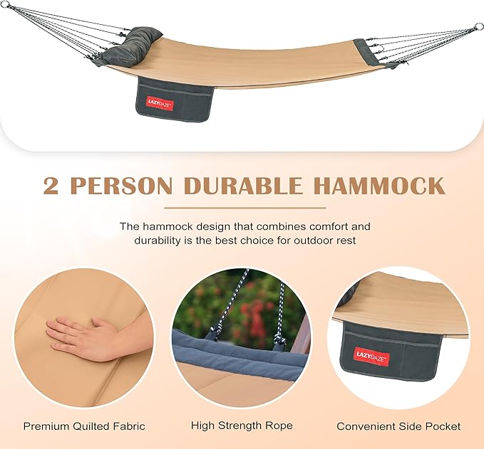 Lazy Daze Hammocks 12 FT Quilted Fabric Hammock with Curved Aluminium Spreaders Bar, Outside Double Thickened Hammock with Soft Pillow, Side Pocket 450 Lbs Capacity for Patio, Poolside, Khaki
