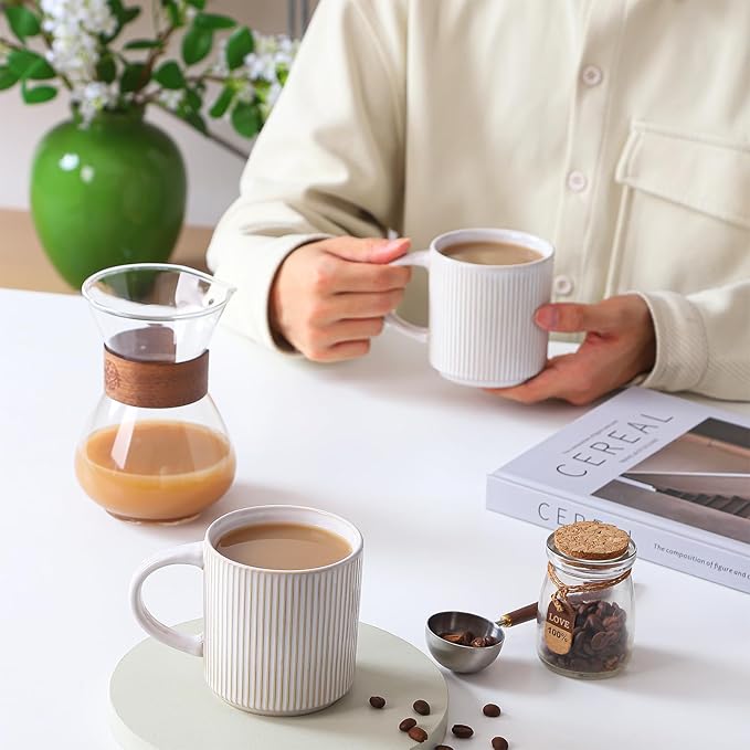 Coffee Mugs Set of 4, 12 OZ Ceramic Coffee Mugs with Handle, Vertical Stripes Coffee Cups Set for Latte/Tea/Cocoa/Milk, Microwave and Diahwasher Safe (Beige)