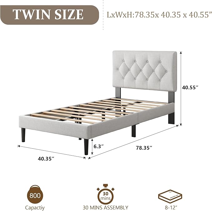 Twin Size Platform Bed Frame with Upholstered Headboard, Button Tufted Design, Strong Wooden Slats, No Box Spring Needed, Easy Assembly, Noise Free