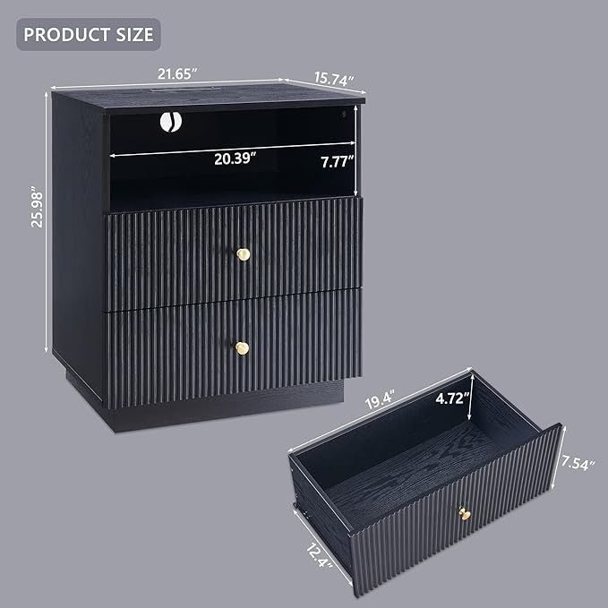 Fluted NightStand with Charging Station, 21.65" Black Nightstand with Drawer/Open Shelves, 2 Drawer Dresser for Bedroom, Morden End Table Bedside Table for Bedroom, Living Room,Black