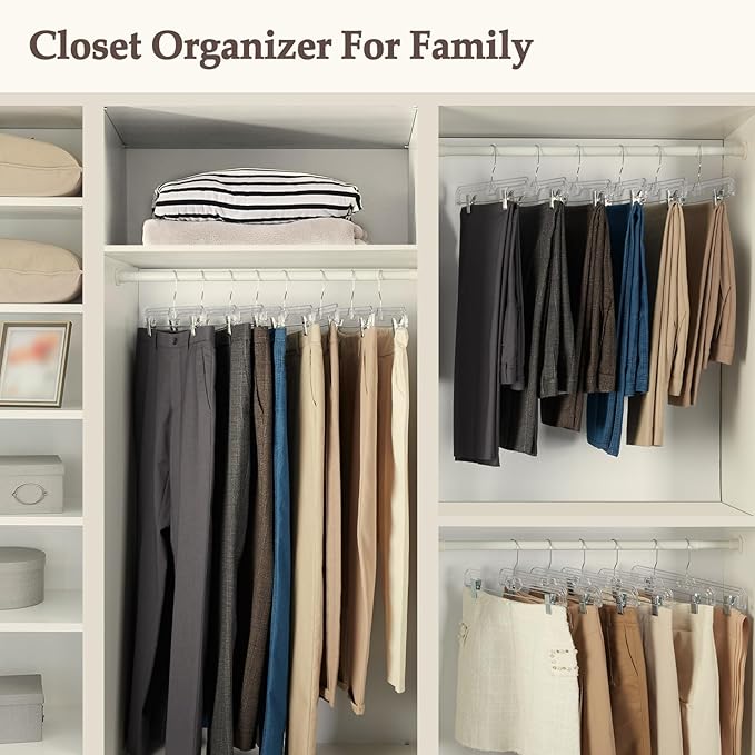 HOUSE DAY Clear Pants Hangers with Clips 25 Pack, Non-Slip Skirt Hangers for Women, Upgraded Heavy Duty Plastic Clip Hanger for Pants, Trousers, Jeans, 14" Short Hanger, 360-Rotating Swivel Hook