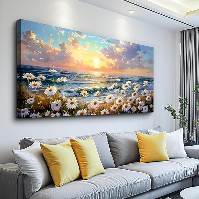 PHAOHUAXM Large Wall Decor Canvas Painting Wall Art For Living Room Decor A Landscape Of A Sea Of White Flowers Painting Bedroom Print Artwork Picture For Dining Room Home Decor Aesthetics 24x48 In