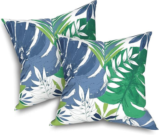 Outdoor Throw Pillows 16x16 Inch, Water Repellent Patio Pillows with Inners Set of 2, Outdoor Pillows for Patio Furniture Home Garden, Islamorada Blue Green