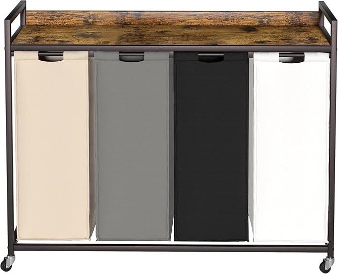 Laundry Hamper with Shelf, Laundry Basket 4 Section, Laundry Sorter with Pull-Out Removable Large 4 Color Bags and Movable Wheels, Metal Frame, 4 x 15.87 Gallons (60L), Rustic Brown PF07XLN