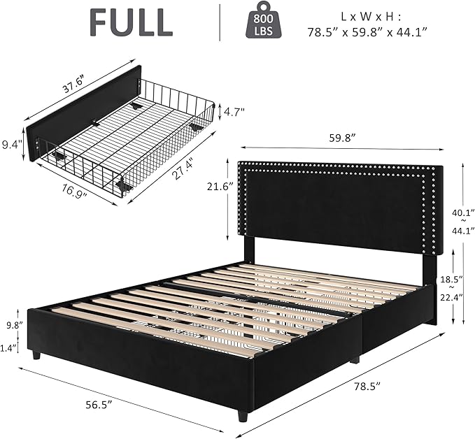 VECELO Full Size Upholstered Platform Bed Frame with 4 Storage Drawers, Adjustable Velvet Rivet Decor Headboard, Wooden Slats Support, No Box Spring Needed, Easy Assembly