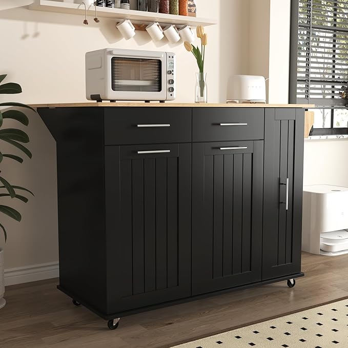 Kitchen Island with Drop Leaf, Kitchen Storage Cart with 3 Tier Pull Out Cabinet Organizer, Internal Storage Rack, Rolling Kitchen Cart on Wheels with Towel Rack, 2 Drawers, for Kitchen, Black