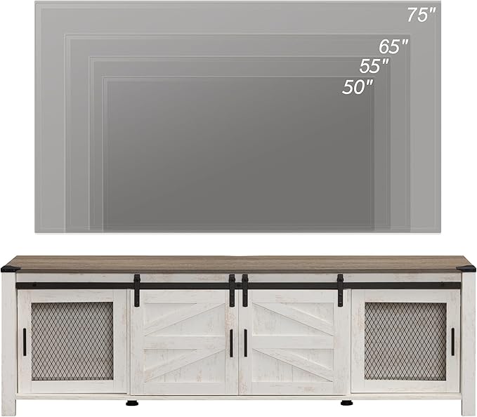 WAMPAT Farmhouse TV Stand for ups to 75 inch TV, Wooden Entertainment Center with Mesh Barn Doors, Media Console with Storage Shelf for Living Room Bedroom, Rustic Oak and White