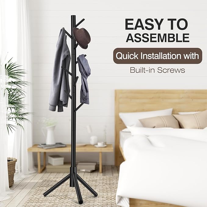 2 PCS Coat Rack, Freestanding Coat Rack with 8 Hooks and 3 Adjustable Size Tree Coat Racks for Bedroom, Hallway, Entrance, Office, for Hats, Coats, Scarves, Handbags