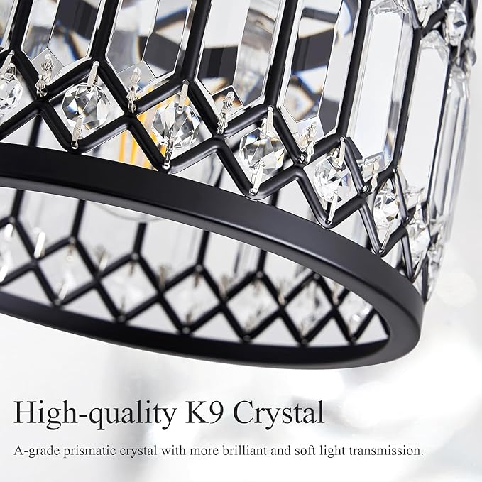 Crystal Black Ceiling Light, Modern Semi Flush Mount Ceiling Lighting Fixture, Round Hallway Lighting Fixtures Chandelier for Kitchen Entryway Bedroom Dining Room, 3-Light, 12.2 Inch