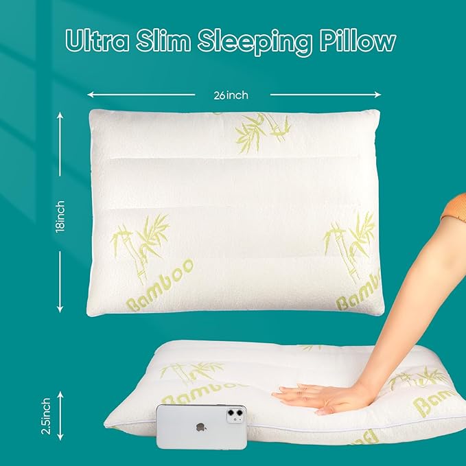 MINUPWELL Ultra Thin Pillows, Flat Pillows for Sleeping Thin, 7D High Support 2.5 inch Height Slim Bed Pillows for Stomach Sleeper, Standard Size -18x26 in - Rayon Derived from Bamboo