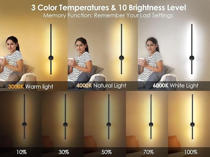 23.6 Inch Battery Operated Wall Sconce, 12000mAh Rechargeable Wall Sconce with Remote Control, Dimmable LED Wireless Wall Light for Bedroom, Living Room, 15 Colors, 180° Rotate, Black, 1 Pack