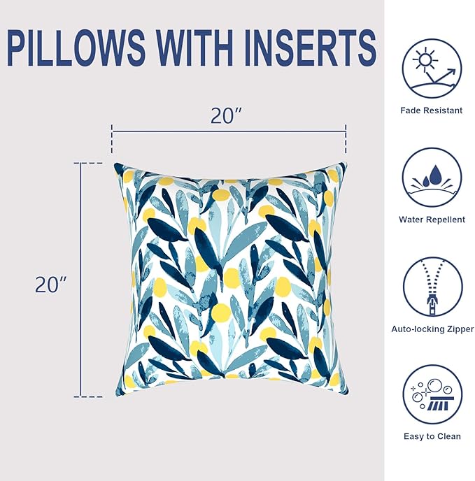 Outdoor Throw Pillows with Inners, All Weather Patio Pillows Set of 2, Square Pillows Decorative for Home Garden Furniture, 20x20 Inch, Leaves Multi
