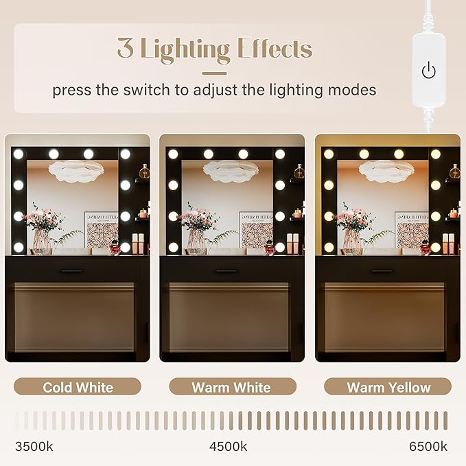 JUMMICO 35.4" Vanity Desk with LED Mirror & Power Outlet, Makeup Vanity Table with 3 Open Storage Shelves, Drawers and Cabinet, 3 Model Adjustable Lights for Bedroom & Dressing Room (Black)