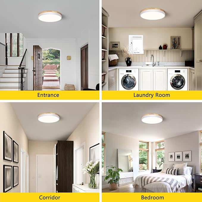 Modern Wood Ceiling Light,Round LED Flush Mount Ceiling Light,Minimalist Ceiling Lamp White Ceiling Lighting Fixtures for Kitchen Bedroom Bathroom Laundry Room Living Room Hallway&11.81 in
