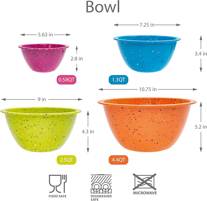 Confetti Nesting Mixing Bowls Set - 4-Piece Colorful Kitchen Bowls (18oz, 1.25QT, 2.5QT, 4QT) - BPA-Free, Dishwasher Safe, Space-Saving Design Vibrant Color