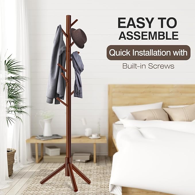 Coat Rack, Freestanding Coat Rack with 8 Hooks and 3 Adjustable Size Tree Coat Racks for Bedroom, Hallway, Entrance, Office, for Hats, Coats, Scarves, Handbags