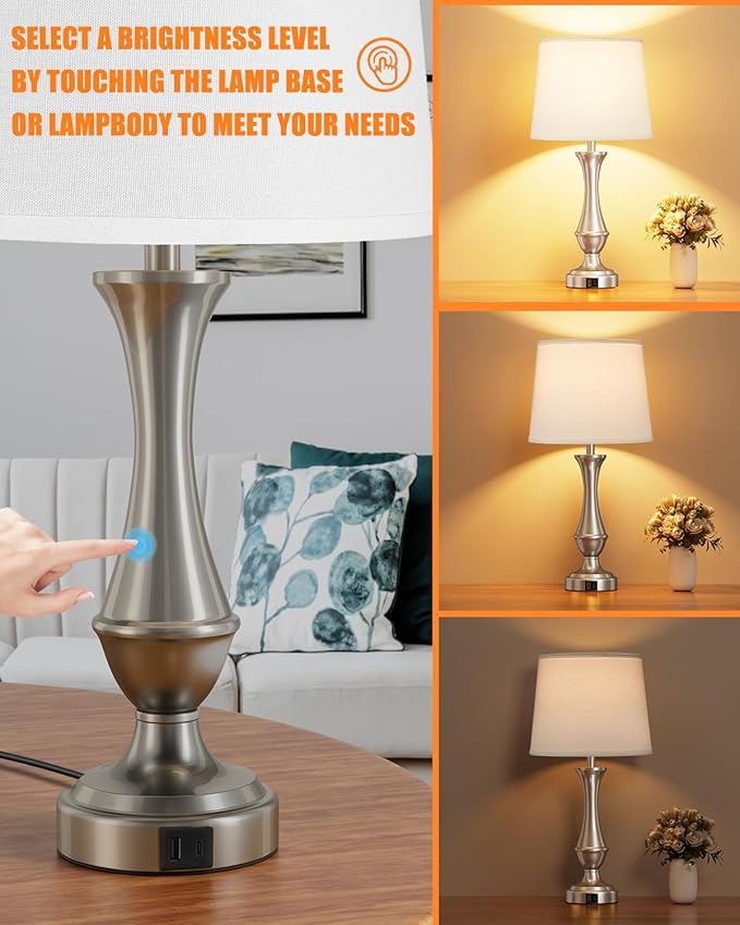 Upgraded Touch Lamps for Night Stands Set of 2 - Bedside Lamps with USB C+A, 3 Way Dimmable for Bedroom Living Room End Tables Office (White&Nickel)