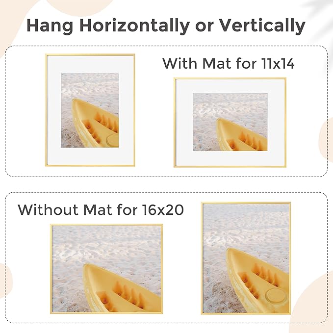 16x20 Metal Picture Frame For Wall With Mat For 11x14, 16''x20'' Aluminum Photo Frames With Tempered Glass For Home Decor, Minimalist Modern Poster Frame Horizontally Vertically Set of 3, Gold