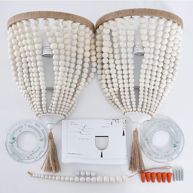 VILUXY Bohemia Wood Beaded Wall Sconces Bedside Antique Rustic Wall Sconce Lighting Fixture White Finishing for Bedroom, Hallway, Entryway, Passway, Bathroom, Vanity 2 Pack