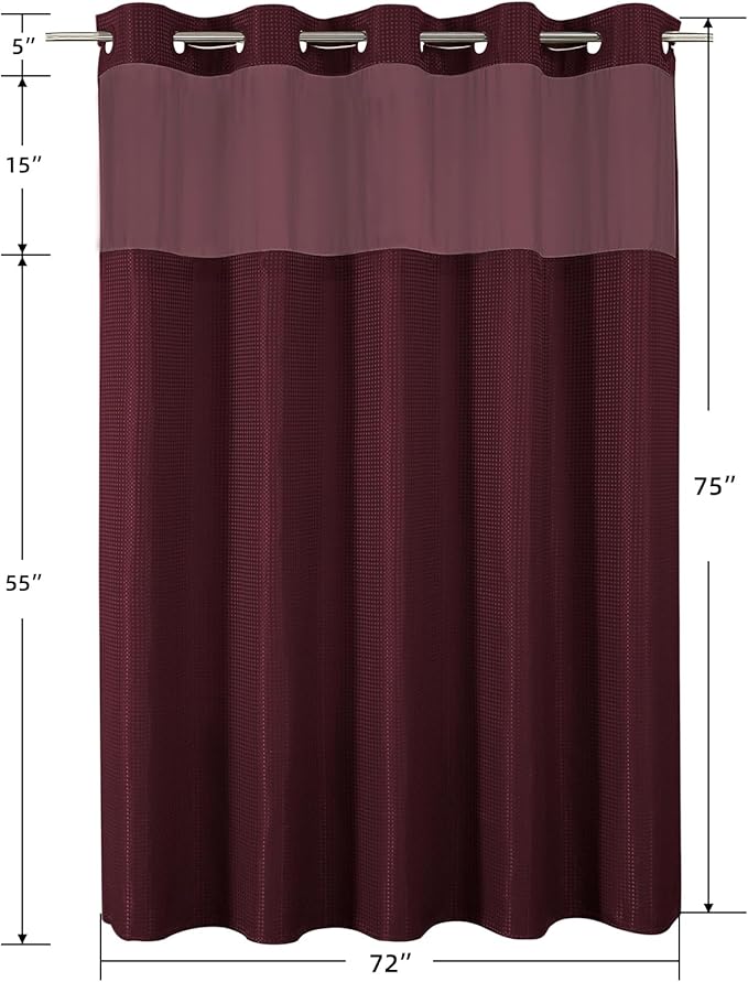 Colorful Star No Hook Waffle Shower Curtain with Snap in Fabric, Waterproof Shower Curtains with See Through Top Window, Hotel Luxury Heavy Duty Bathroom Curtain and Liner Set, 72'' x 75'', Burgundy