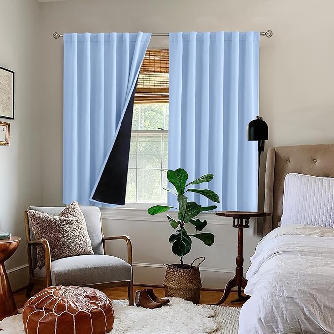 BGment Light Blue 100% Blackout Curtains 45 Inches Long with Thermal Liner, Room Darkening Double Layer Rod Pocket and Back Tab Window Curtains for Bedroom Kids Room (52 x 45 Inch, 2 Panels)