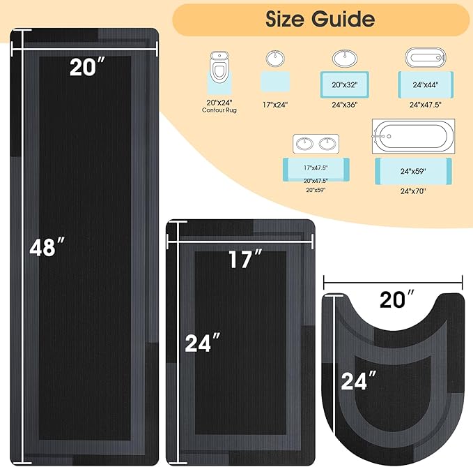 ACCUMTEK Ultra Thin Bath Mats Fit Under Door 3 Piece, Upgrade Backing Non Slip Bath Mat, Quick Dry Absorbent Bath Mat, Machine Washable Bathroom Rugs for Bathroom Floor, Bathtub, Kitchen, Black