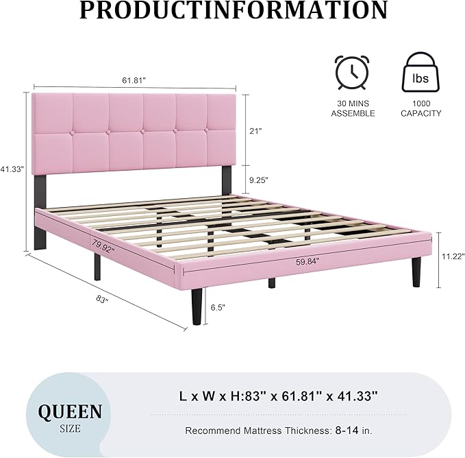 Queen Size Bed Frame, Queen Size Platform Bed Frame with Headboard, Upholstered Headboard, Sturdy Wooden Slats, Noiseless No Box Spring Required, Easy to Assemble, Pink