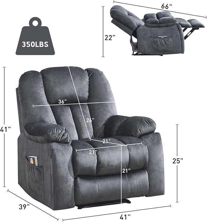 Phoenix Home Manual Recliner Chair for Adults with Massage and Heat, Overstuffed Fabric Reclining Chair, Oversized Recliners with 2 Cup Holders and Side Pockets for Living Room, Bedroom, Dark Grey