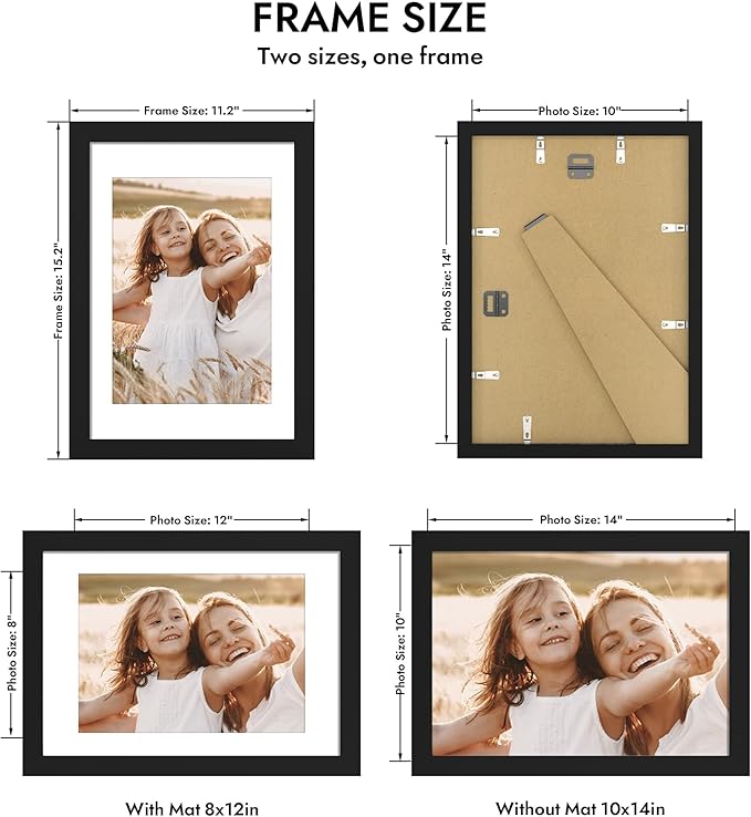 10x14 Picture Frame with Real Glass - 8x12 Wooden Frame with Mat, Horizontal and Vertical Display for Wall or Tabletop (Black, 1 Pack)