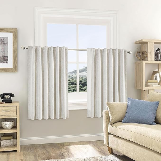 Beige Cream Linen 100% Blackout Curtains 45 Inches Long 2 Panels Set for Kitchen Back Tab Thermal Insulated Black Out Linen Drapes Room Darkening Short Window Curtains 45 Inch Length