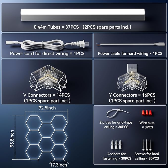 MODERN Hexagon Garage Light: Higher Brightness 38880 Lumens Honeycomb Garage Light, 8 Grid Systems 6500K, Hexagon Garage Grid Lighting for Garage, Gym, Car Detailing Shop etc.