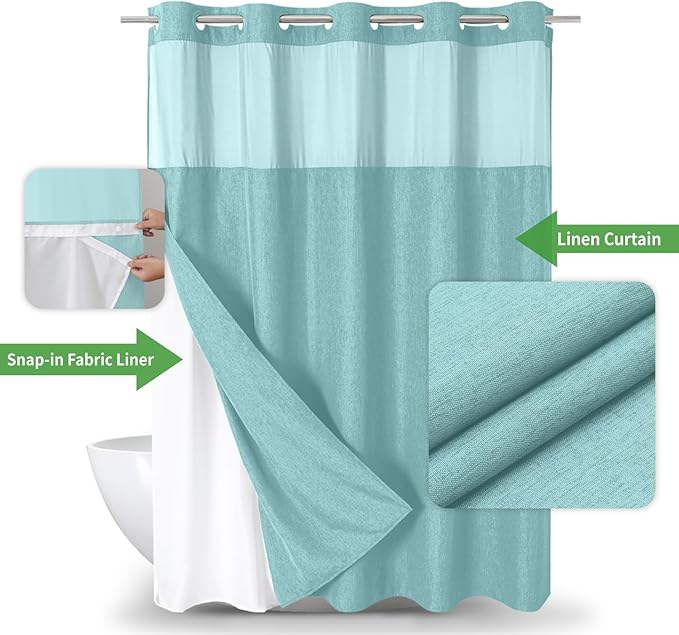 Extra Long No Hooks Needed Linen Textured Shower Curtain with Snap-in Fabric Liner Set,White Hotel Luxury Decor Shower Curtains for Bathroom,Waterproof & Washable,71Wx86H,Teal