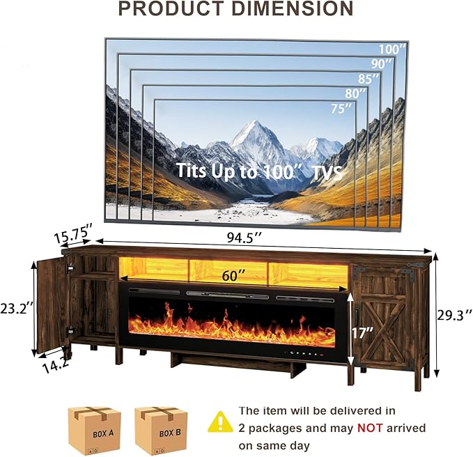 94.5" Fireplace TV Stand for TVs Up to 100", Farmhouse Entertainment Center with 60" Electric Fireplace & LED Lights, Large TV Console for Living Room, Barn Door Cabinet & Open Shelf, Brown