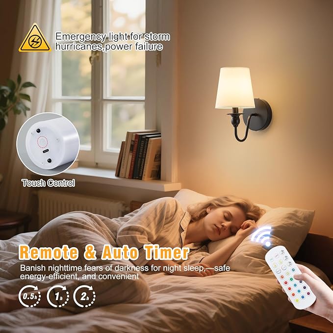 Battery Operated Wall Sconce Set of 2,Rechargeable Wall Sconce with 10000mAh Dimmable Bulb and Remote,LED 15 Colors Black Wireless Battery Powered Wall Lamp with Fabric for Bedroom Living Room