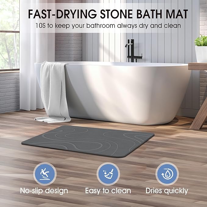 Stone Bath Mat Diatomaceous Earth Shower Mat Non-Slip Super Absorbent Diatomite Stone Bath Mats for Bathroom Floor Quick Drying Natural Easy to Clean(23.6''×15.4" Gray)