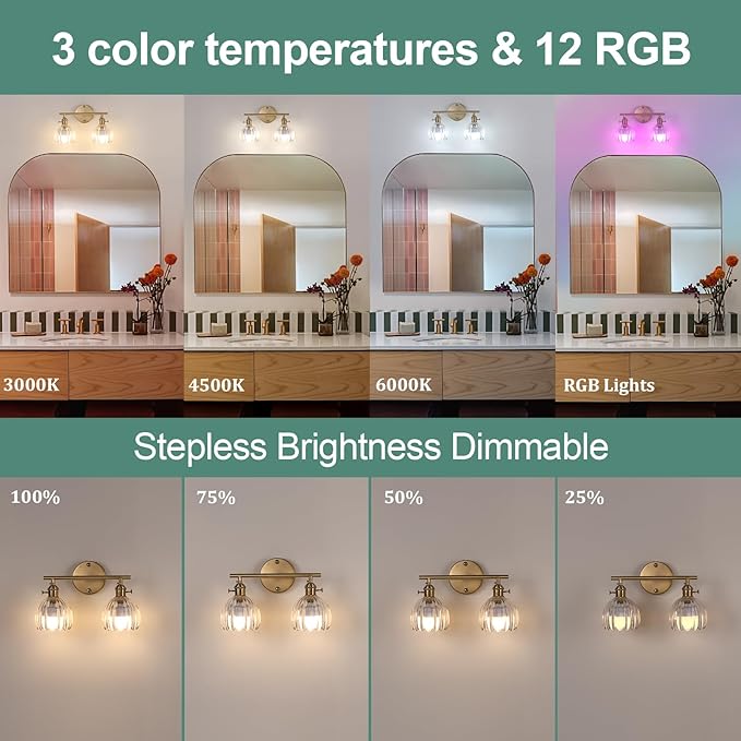 Battery Operated Bathroom Light Fixtures, 2-Light Brass Vanity Wall Light with 5000mAh Rechargeable Bulb Over Mirror with Clear Tulip Glass Shade for Bedroom Living Room