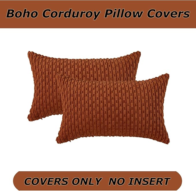 Kevin Textile Fall Throw Pillow Covers Soft Corduroy Decorative Set of 2 Boho Striped Pillow Covers Pillowcases Farmhouse Home Decor for Couch Bed Sofa Living Room 12x20 Inch Rust Brown