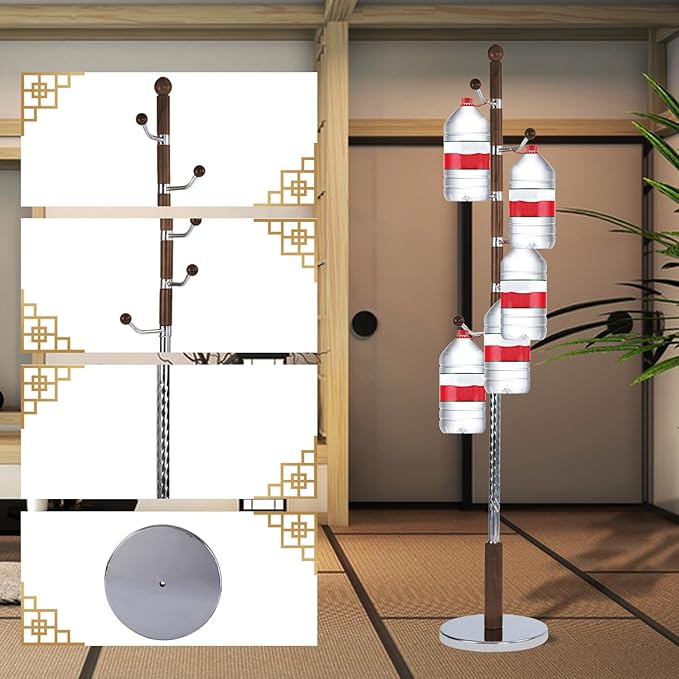 Coat Rack Freestanding, Wooden Tree Coat Rack Stand with 3 Adjustable Sizes Coat Tree and 14 Hooks, Sturdy Hall Tree with Solid Round Base for Entryway, Hallway,Bedroom (Walnut Metal)