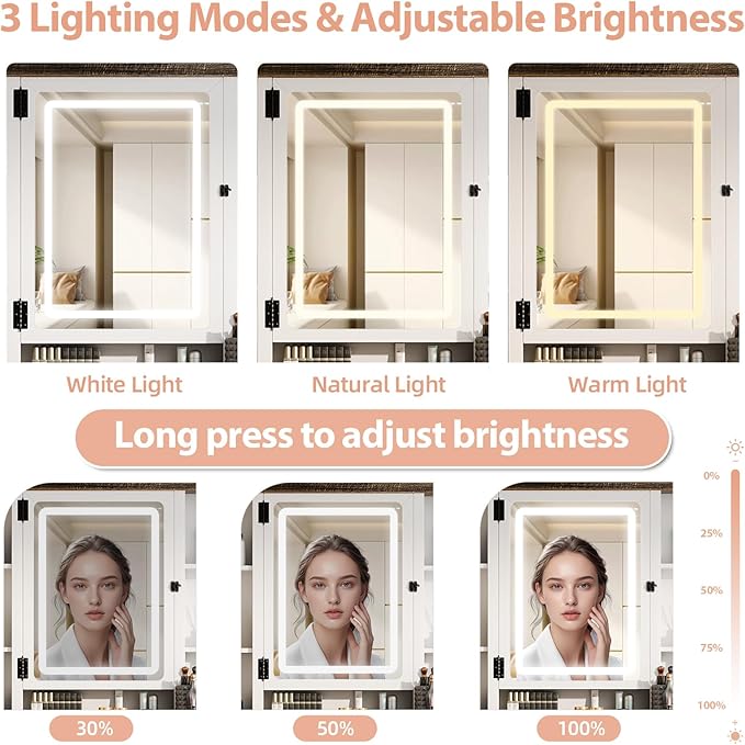 Farmhouse Makeup Vanity, Vanity Desk with 3 in 1 Charging Station and Human Body Sensing LED Lights, Vanity Table with Glass Tabletop & Hidden Jewelry Cabinet, Stool Included, Vintage White