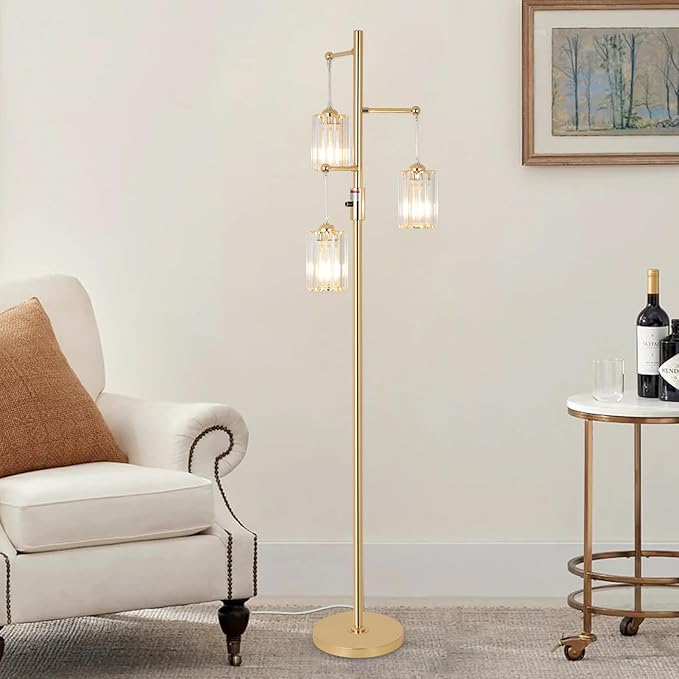 Gold Crystal Floor Lamps for Living Room, Dimmable 3 Lights Modern Standing Lamp with Crystal Shade, Dimmer Switch, 65" Industrial Tall Tree Lamp, Vintage Brass Corner Lamp for Bedroom