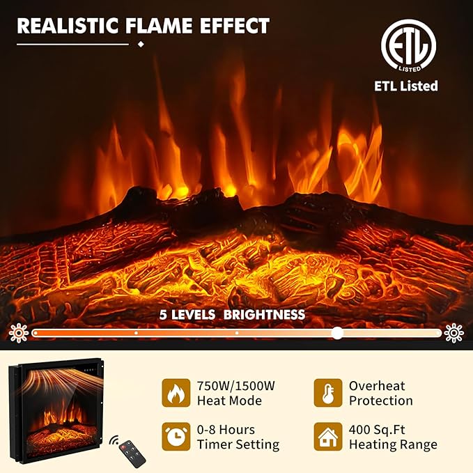 Ludatido 58 Inch TV Stand with 18 inch Fireplace Insert LED Light Entertainment Center Electric Fireplace TV Stand with USB&AC Power Interface for Living Room/Bedroom/Media Room Use(Black)