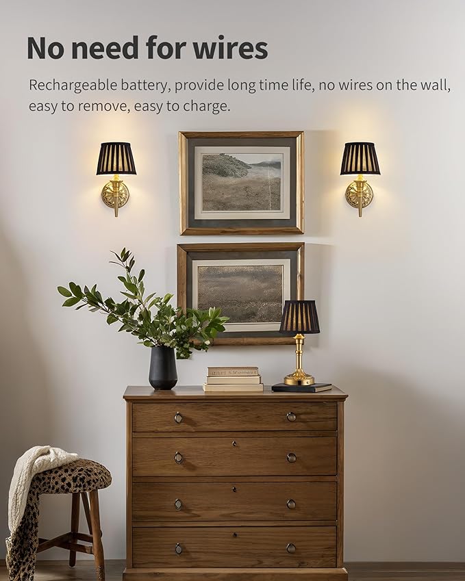 KDG Cordless Wall Sconces Set of 2, Small Wireless 5200mAh Rechargeable Battery Fabric LED Wall Lamps, Portables Lightings for Wall Painting, Living Room, Bedroom, Hallway, Gifts (Black Lampshde)