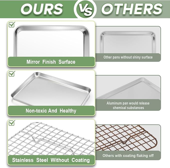 TeamFar Toaster Oven Pan with Rack Set, 9’’ x 7’’ x 1’’ Stainless Steel Compact Toaster Oven Small Baking Pan Tray with Mini Cooling Grid Rack, Healthy & Heavy-Duty, Dishwasher & Oven Safe, 2pcs