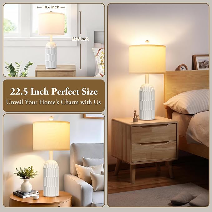 22.5" White Modern Table Lamps Set of 2 for Living Room Bedroom, Farmhouse Vintage Bedside Table Lamps with White Linen Shade, Rustic Bedroom Table Lamp for Nightstand Home Office End Table Dorm